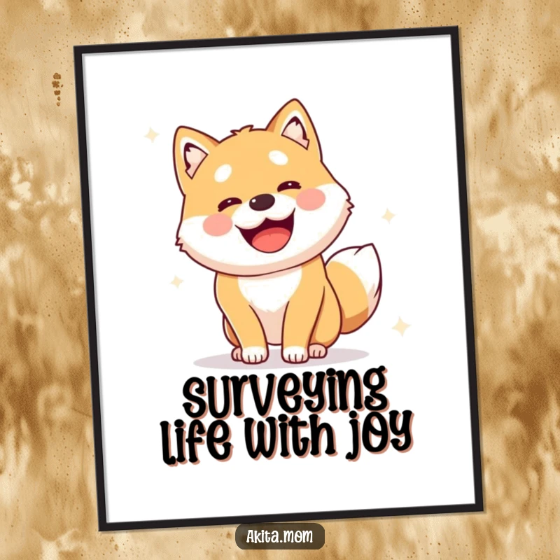 Funny Free Printable Wall Art: Cute Akita character doing a joyful, alert survey, adding a humorous and watchful presence to decor.
