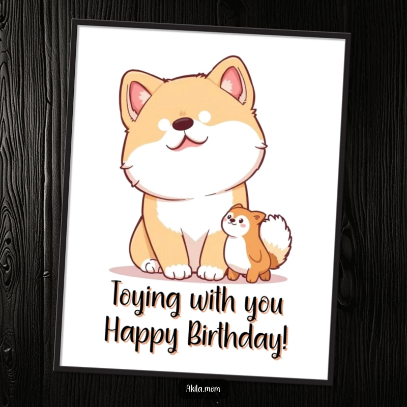 Funny Free Printable Wall Art: An Akita dog tilting its head with curiosity, captivated by a toy, exuding warmth.