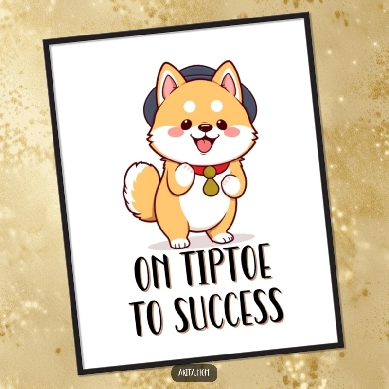 Funny Free Printable Wall Art: A kawaii Akita doing a dignified, happy tiptoe, adding quirky charm to any room.