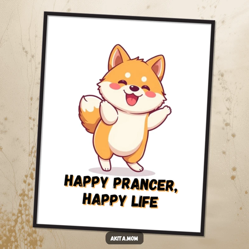 Funny Free Printable Wall Art: Cute kawaii Akita performing a spirited, joyful prance, bringing fun and personality to any room.