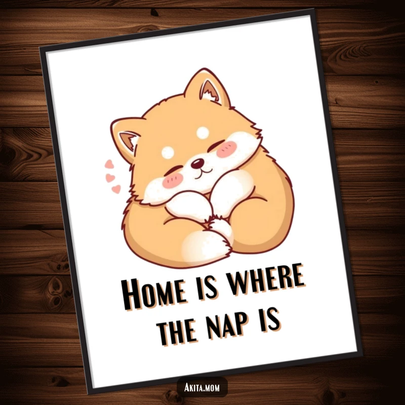 Funny Free Printable Wall Art: A kawaii Akita peacefully curled up, sighing contentedly in a cozy pose.