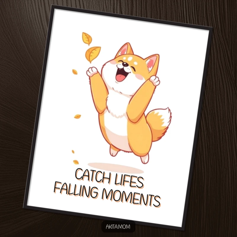 Funny Free Printable Akita Wall Art: Loyal dog joyfully leaping mid-air to catch a falling leaf, embodying pure fun.