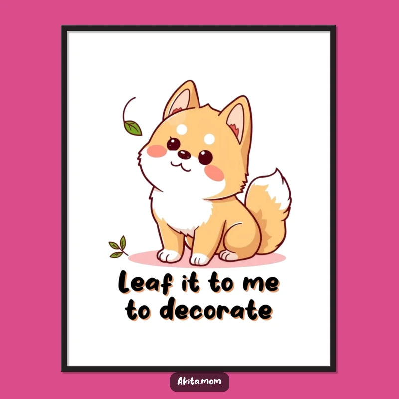 Free Printable Wall Art: Curious Kawaii Akita Leaf Gazing - Humorous Dog Decor