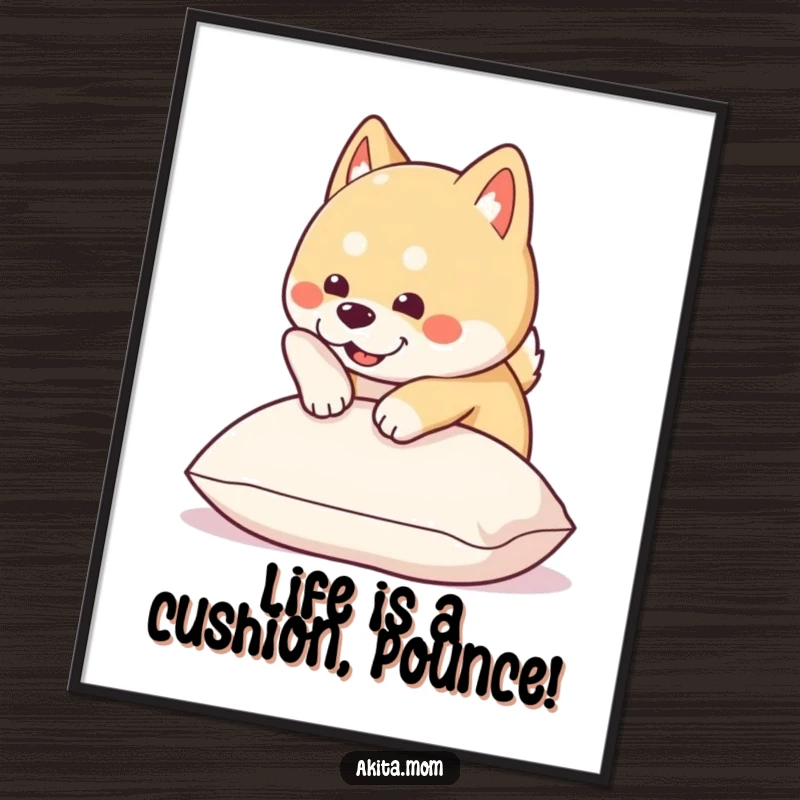 Funny Free Printable Akita Wall Art: Kawaii dog in mid-pounce onto a plush cushion, bringing playful energy.