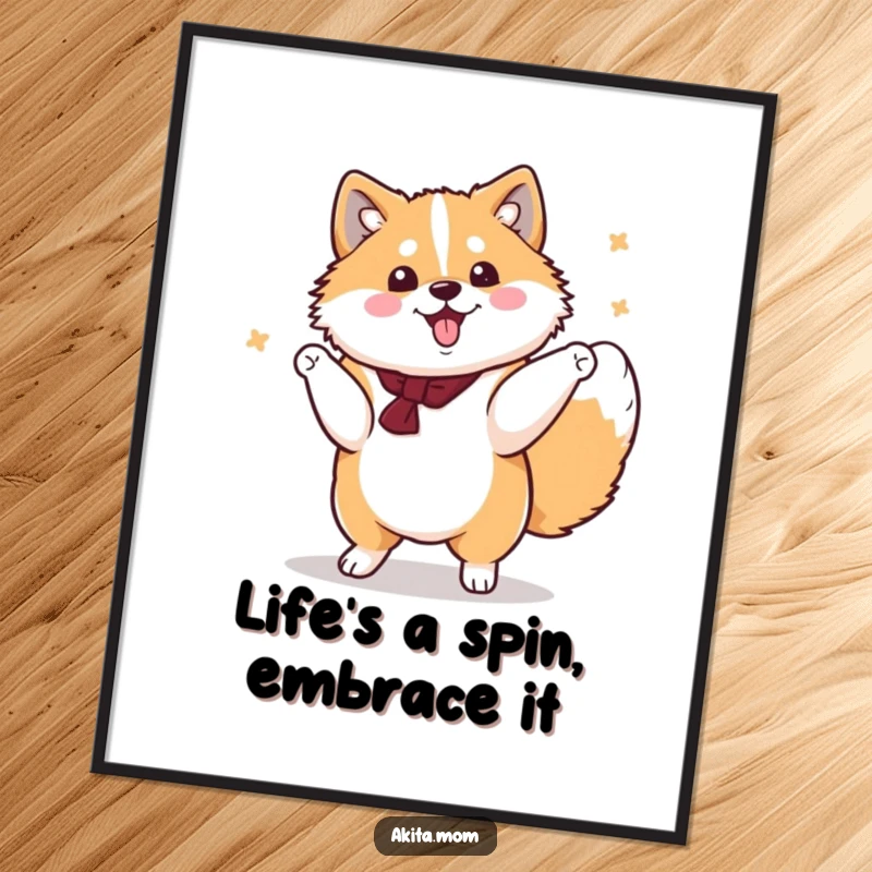 Funny Free Printable Wall Art: Kawaii Akita performing a dignified yet cheerful spin, spreading joy.