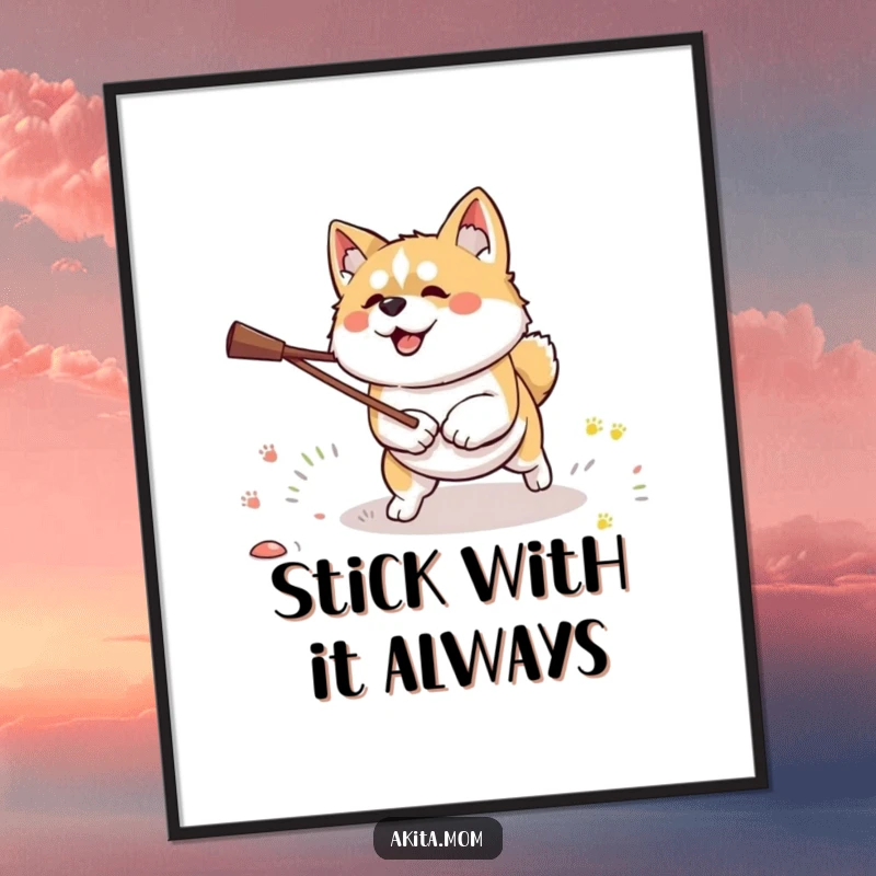 Funny Free Printable Kawaii Akita dog with intense focus, mid-fetch with a stick, as motivational wall art.
