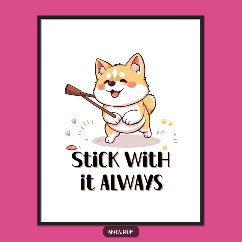 Free Printable Kawaii Akita Fetch Art: Determined Dog Downloadable Decor