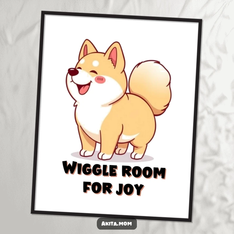Funny Free Printable Wall Art: Kawaii Akita caught mid-wiggle, tail tightly curled, radiating pure, unadulterated joy.