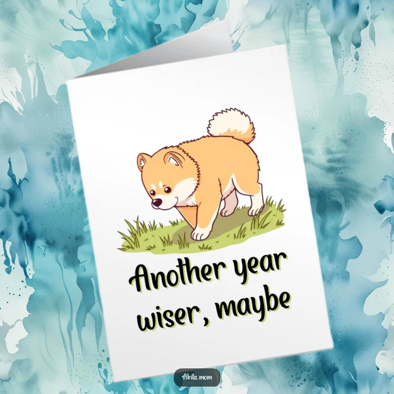 Funny Free Printable Birthday Card: A kawaii Akita trotting dignifiedly through grass, sniffing happily.