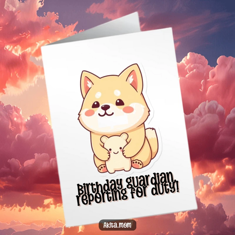 Funny Free Printable Birthday Card: Kawaii Akita stoically guarding a small smiling toy, a humorous birthday wish for dog lovers.
