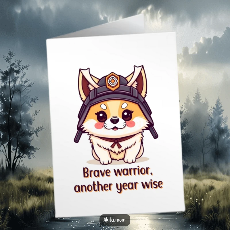 Funny Free Printable Birthday Card: A majestic Akita sporting a small samurai helmet with undeniable flair and playful confidence.