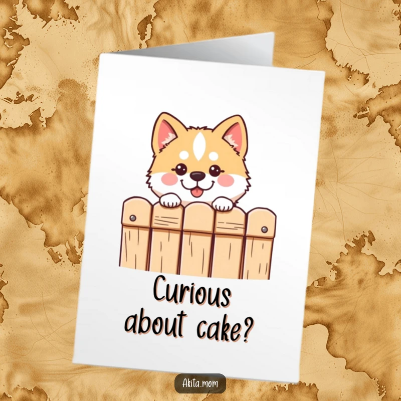Funny Free Printable Akita Birthday Card: Kawaii dog peeking curiously over a fence, sending birthday cheer.