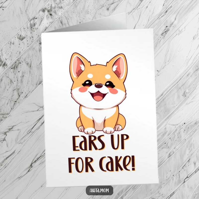 Funny Free Printable Birthday Card featuring a kawaii Akita with perked ears, listening with pure joy, ready to celebrate.