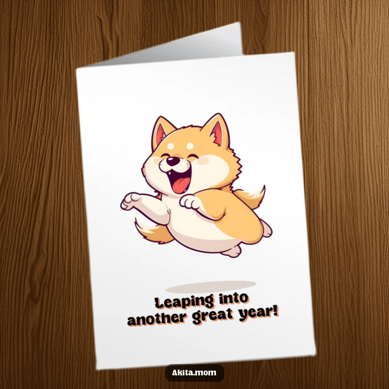 Funny Free Printable Birthday Card: An Akita in a powerful, yet playful leap, conveying uncontainable birthday joy and energy.