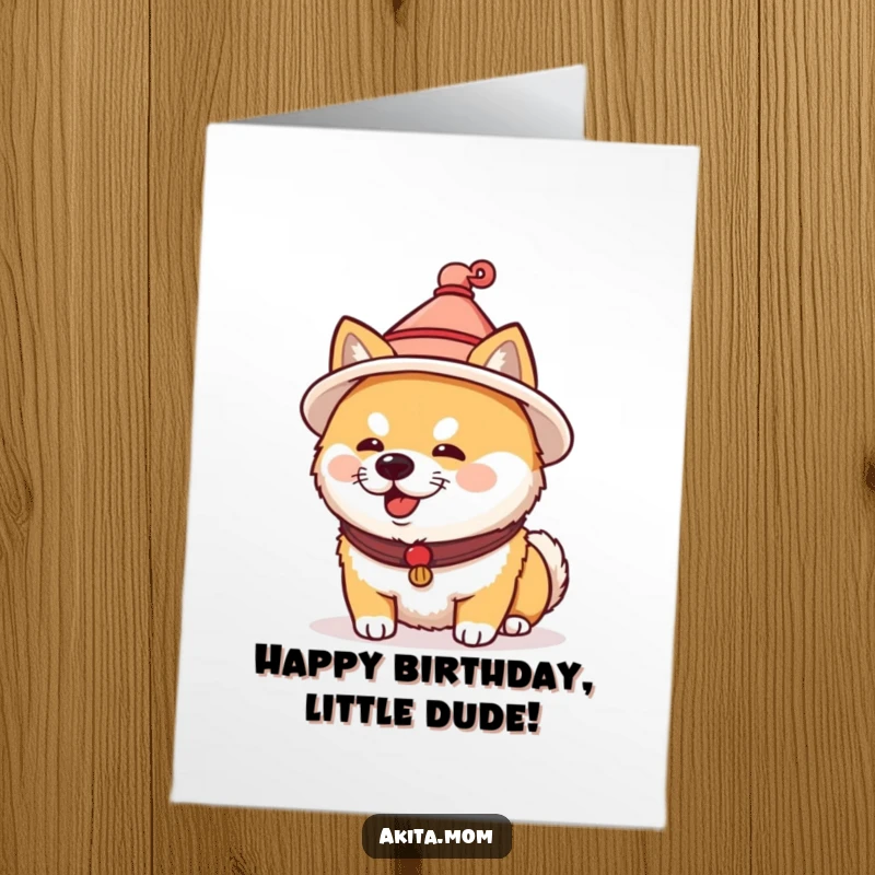 Funny Free Printable Akita Birthday Card: Akita dog wearing a tiny traditional Japanese hat, festive and cute, downloadable humor.