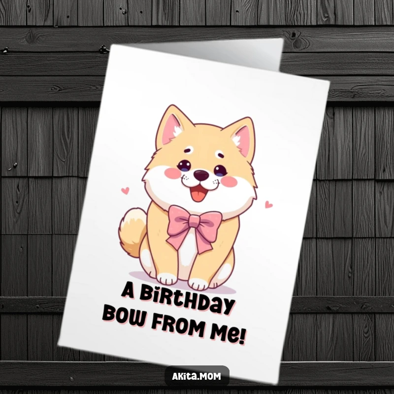 Funny Free Printable Akita Birthday Card: Akita dog performing a playful bow, charming and humorous, downloadable greeting.