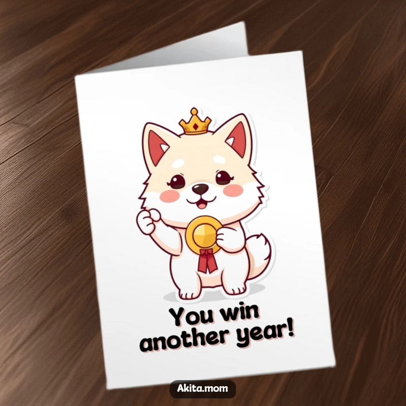 Free Printable Birthday Card: A proud Akita dog holding up a small, delightful prize with a satisfied expression.