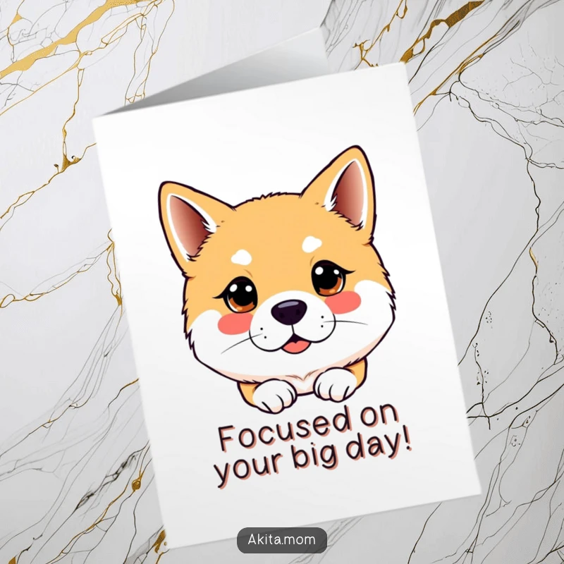 Funny Free Printable Birthday Card: Kawaii Akita dog with a bright, attentive gaze, wishing you a wonderful birthday.