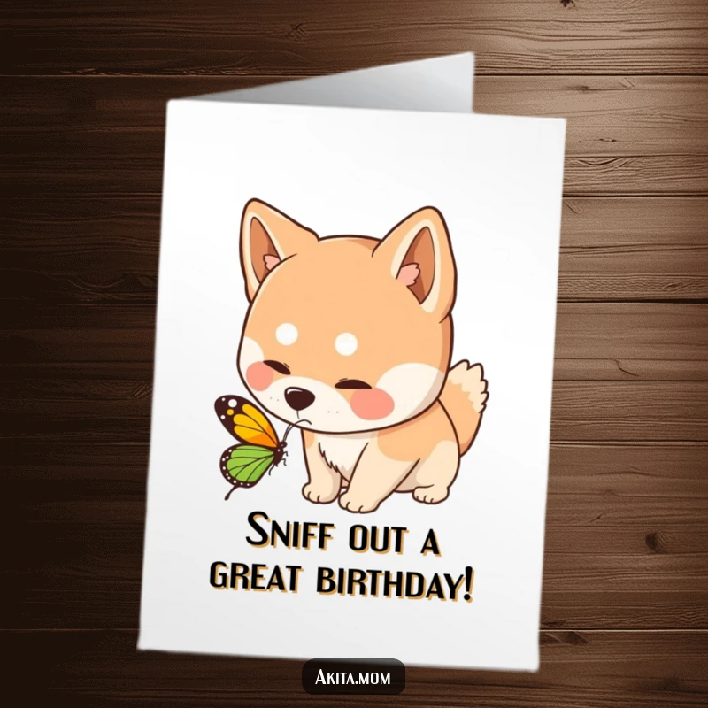 Funny Free Printable Birthday Card: Kawaii Akita dog gently sniffing a butterfly, showcasing curiosity and sweet birthday vibes.