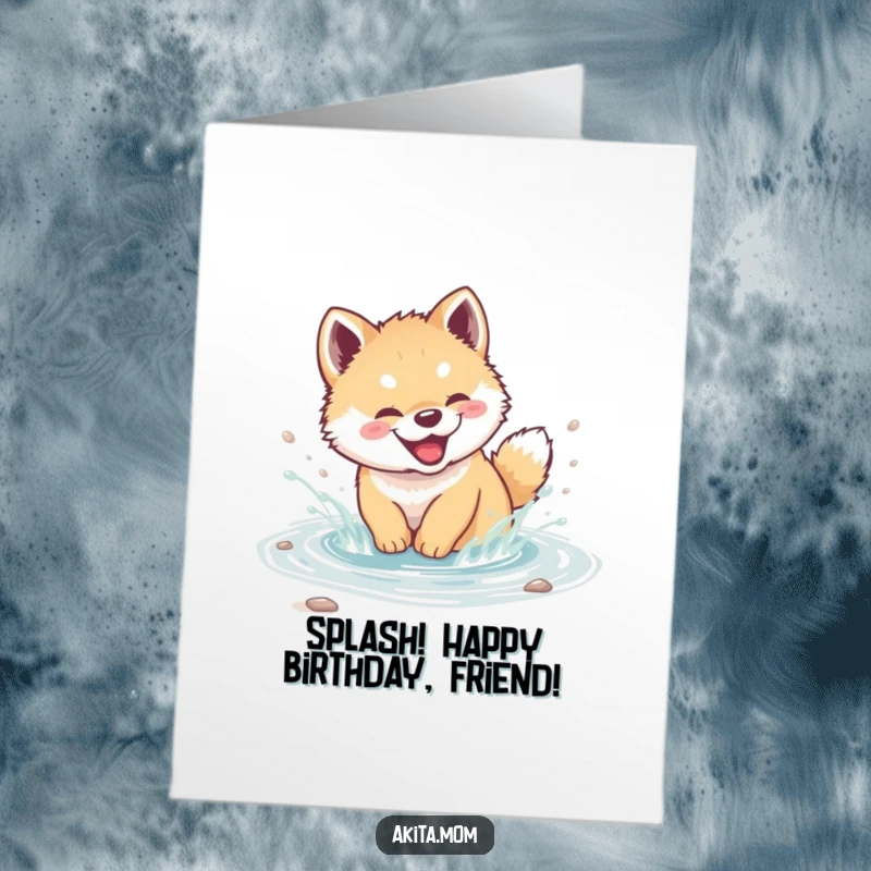Funny Free Printable Birthday Card showing a happy, giggling Akita cub joyfully splashing water in a stream.