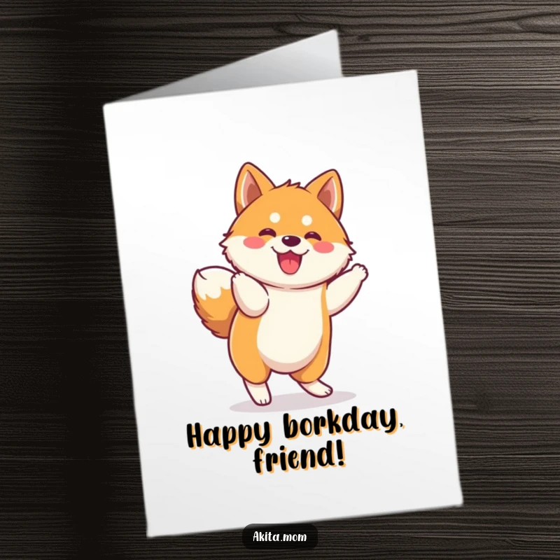 Funny Free Printable Birthday Card: Adorable kawaii Akita doing a spirited, joyful prance, celebrating with infectious enthusiasm.