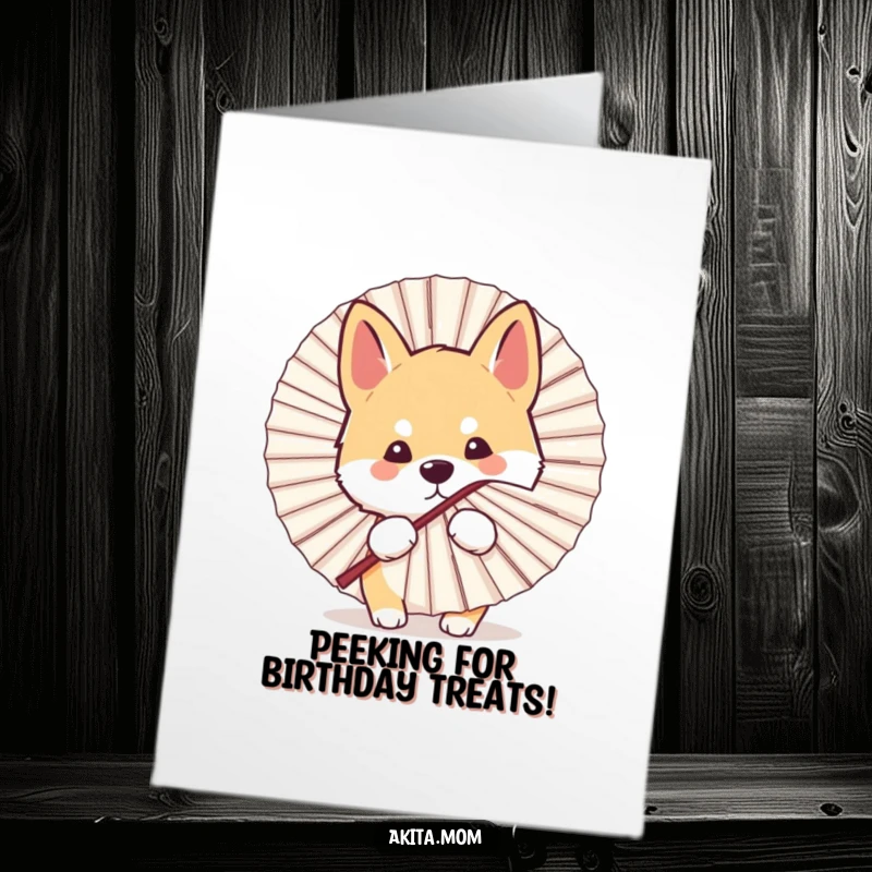 Funny Free Printable Birthday Card: Kawaii Akita dog peeking playfully from behind a large fan, ready to wish you Happy Birthday.