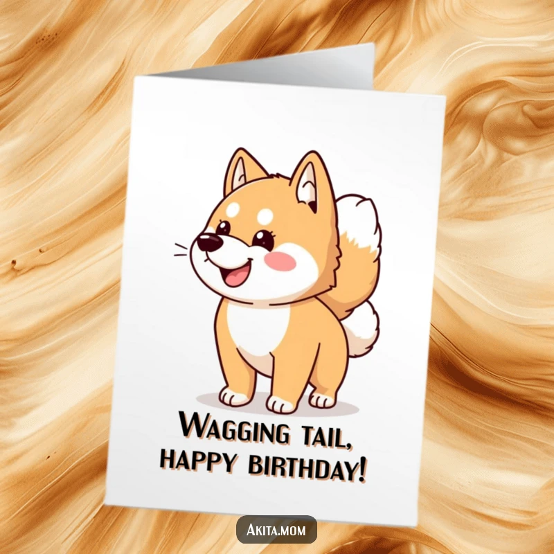Funny Free Printable Birthday Card: Kawaii Akita dog excitedly wagging its tail, spreading birthday happiness with every wag.