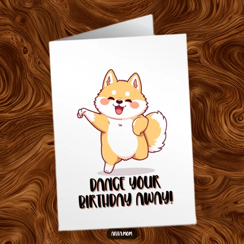 Funny Free Printable Akita Birthday Card: A proud Kawaii Akita performing a graceful, swift movement, celebrating your birthday with style.