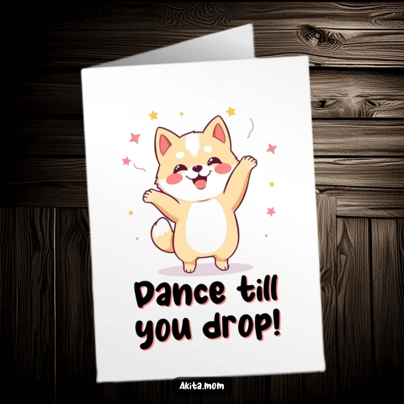 Funny Free Printable Kawaii Akita dog doing a wild, ecstatic happy dance, celebrating joyfully, perfect for a birthday card.
