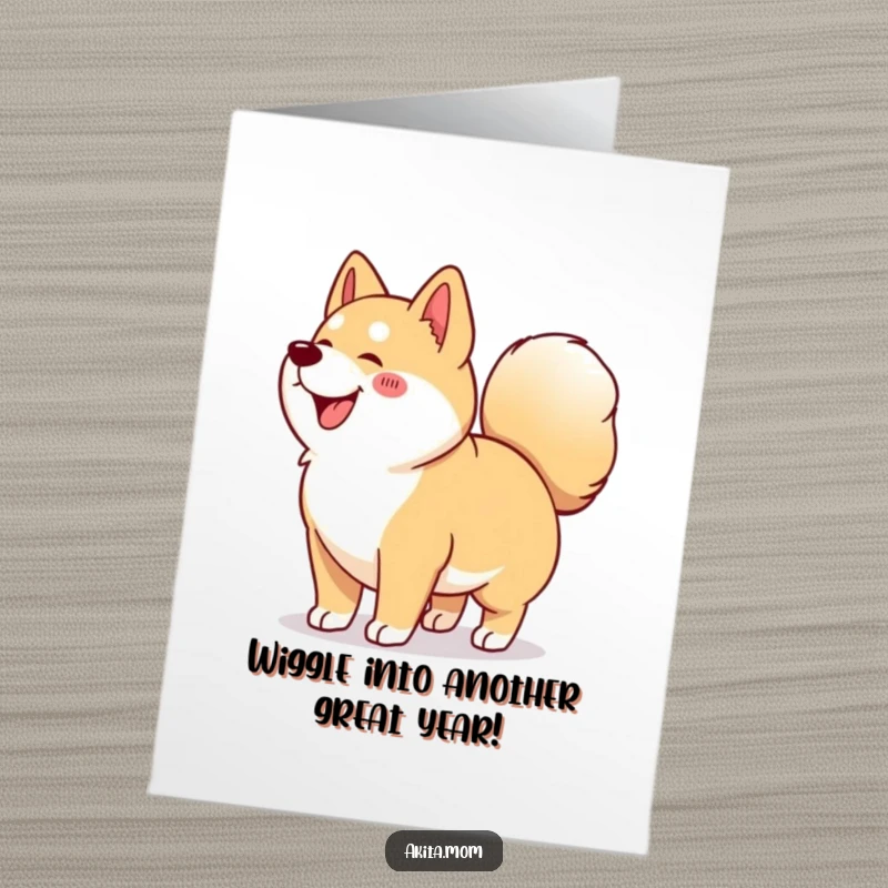 Funny Free Printable Akita Birthday Card: Kawaii Akita in a happy wiggle, tail curled tight, celebrating a birthday.