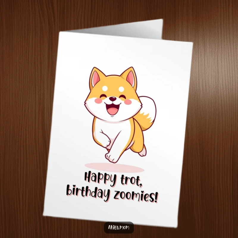 Funny Free Printable Birthday Card: A Kawaii Akita trots energetically with a curved tail, radiating happiness.