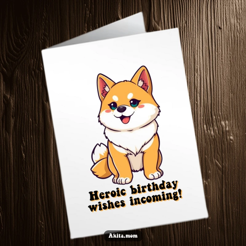Funny Free Printable Akita Birthday Card: Proud dog hero striking a bold pose with alert ears, ready to save the day.
