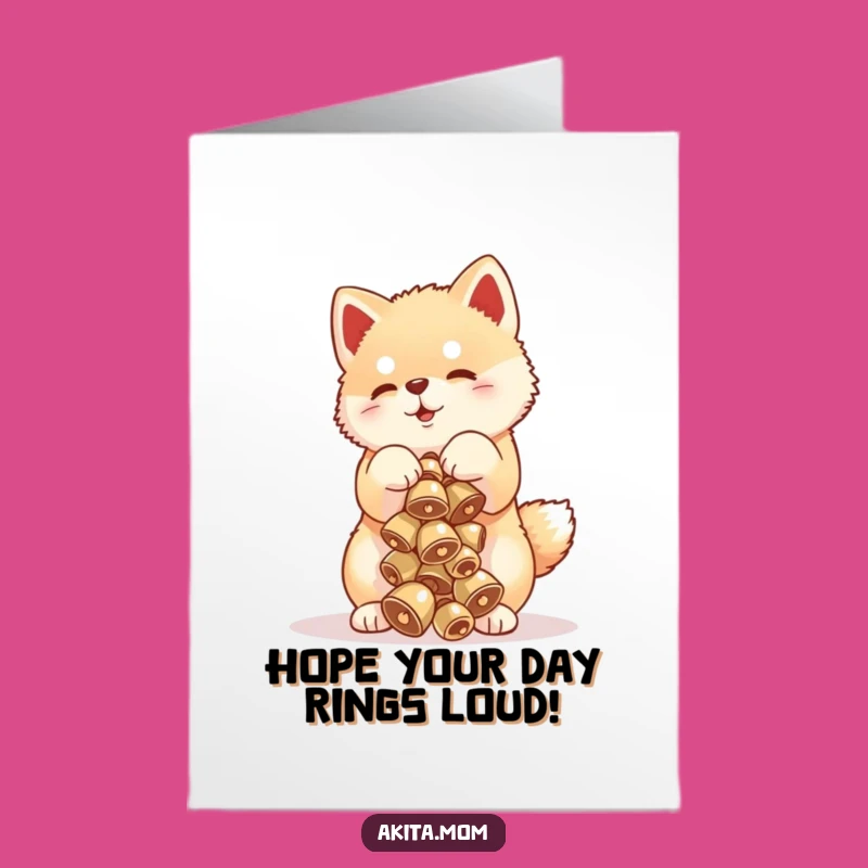 Free Printable Birthday Card: Funny Akita Cub Bells - Whimsical Downloadable Gift