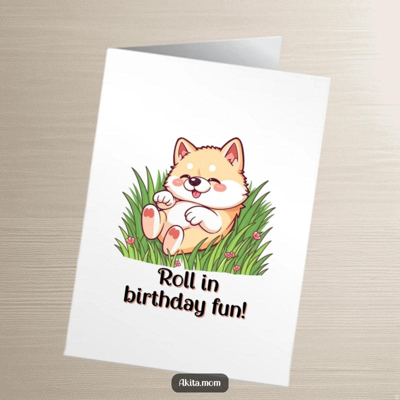 Funny Free Printable Kawaii Akita dog joyfully rolling in lush green grass, embodying playful birthday spirit.