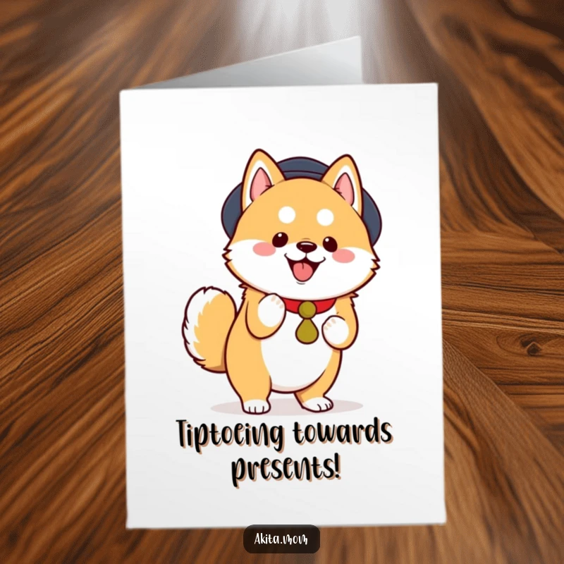 Funny Free Printable Birthday Card: Kawaii Akita doing a dignified happy tiptoe, bringing birthday joy with stealth.