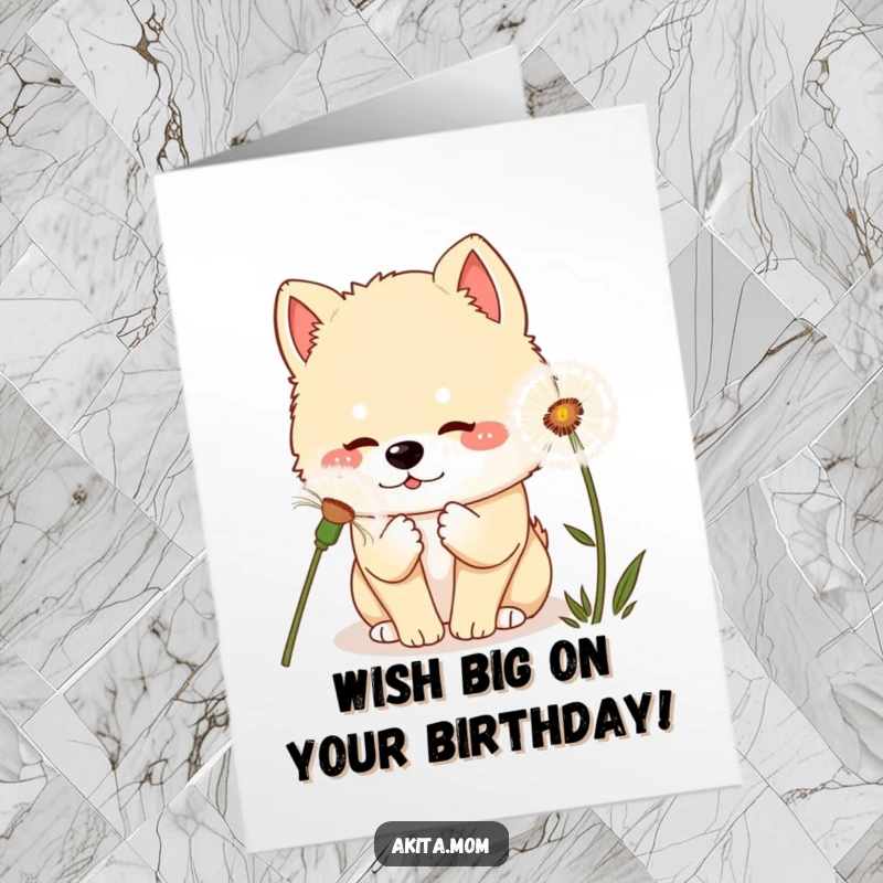 Free Printable Kawaii Birthday Card: An Akita dog curiously sniffing a giant dandelion with a playful, inquisitive expression.