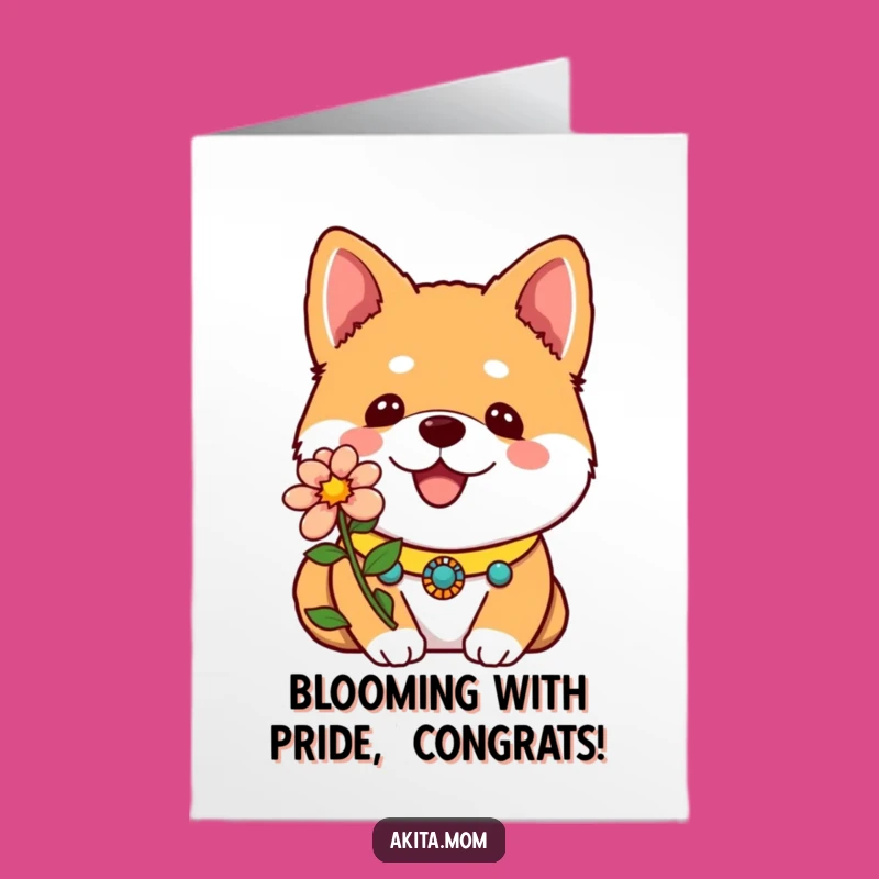 Free Printable Kawaii Akita Congrats Card: Funny Dog Flower Winner, Downloadable Gift