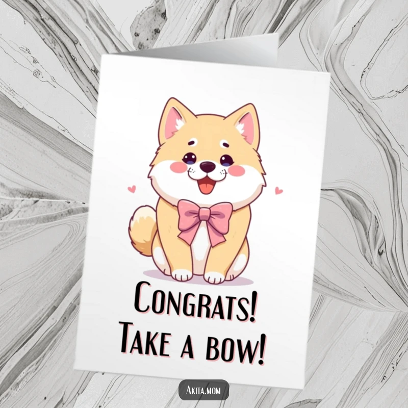 Funny Free Printable Akita Congratulations Card: Akita dog in a charming, playful bow, celebrating success, downloadable art.
