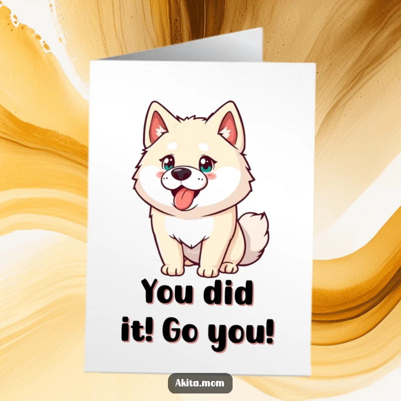 Funny Free Printable Akita Congratulations Card: Determined dog celebrating success, energetic and proud, downloadable joy.