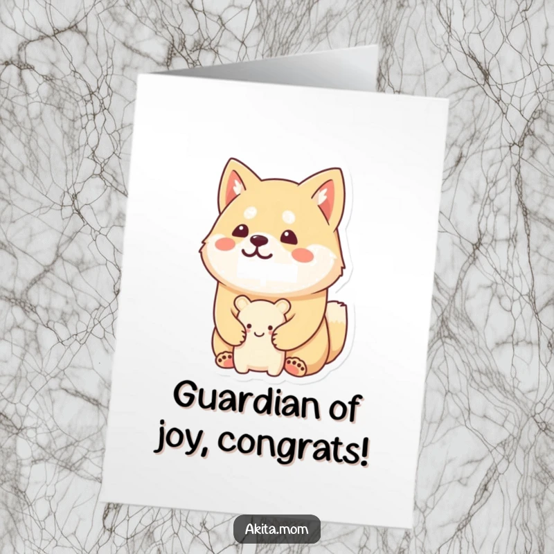 Funny Free Printable Congratulations Card: Kawaii Akita happily guarding a tiny smiling toy, a humorous celebration of achievements.
