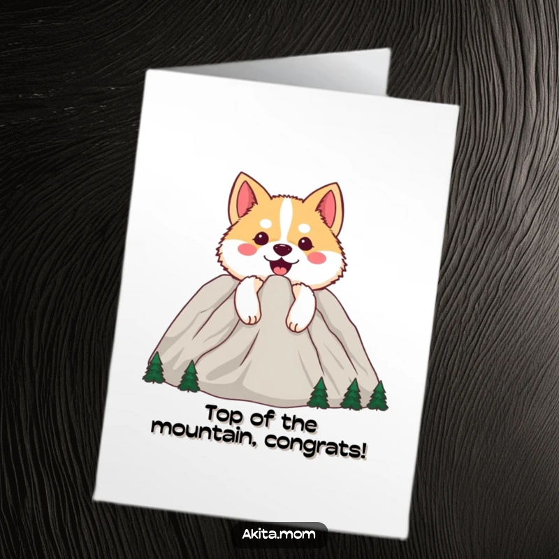 Funny Free Printable Congrats Card: Happy Akita peeking over a cheerful mountain, celebrating a momentous achievement with joy.