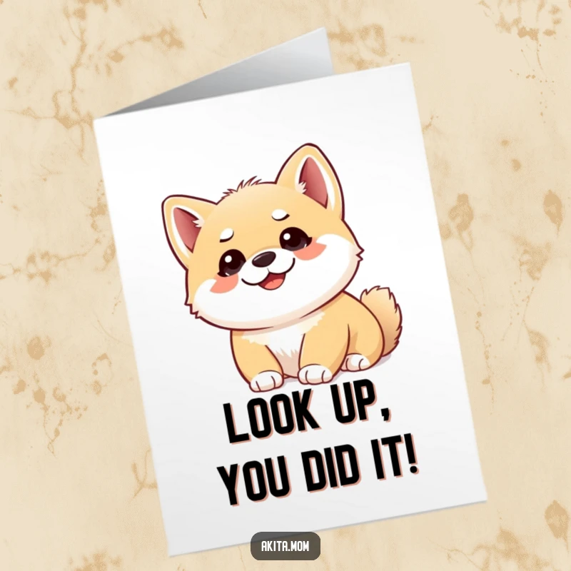 Funny Free Printable Congrats Card depicting an Akita cub looking upwards in happy surprise or awe.