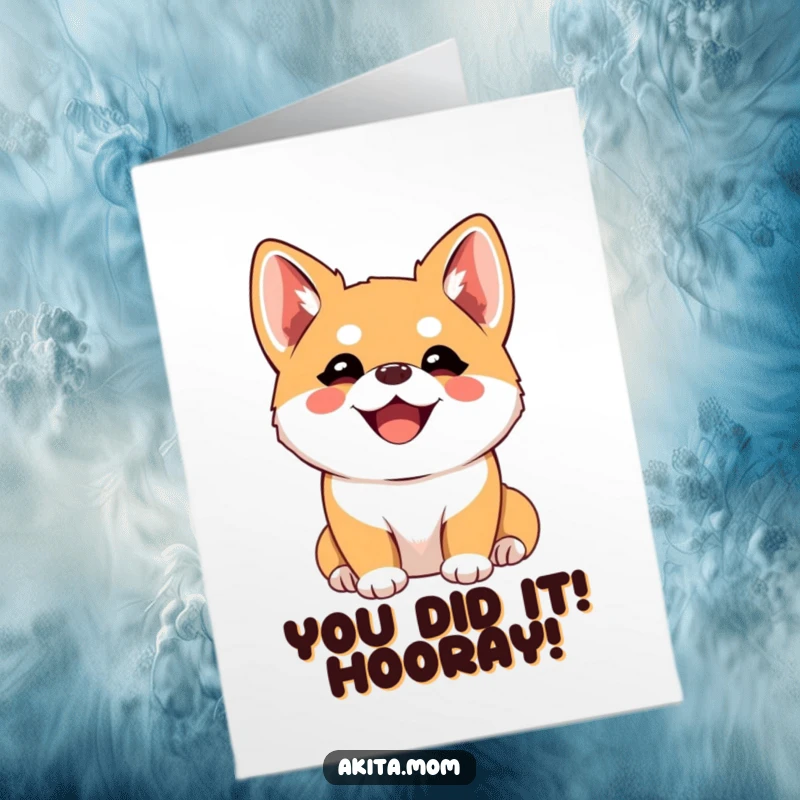 Funny Free Printable Congratulations Card: Kawaii Akita with perked ears, listening intently, sharing in the celebration.