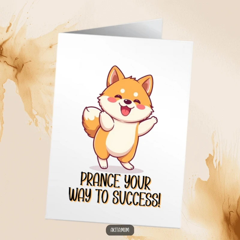 Funny Free Printable Congrats Card: Cute kawaii Akita in a spirited prance, expressing happiness and celebrating success with flair.