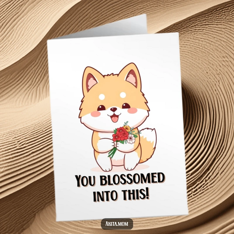 Funny Free Printable Congrats Card: A proud Kawaii Akita presenting a small bouquet of flowers for congratulations.
