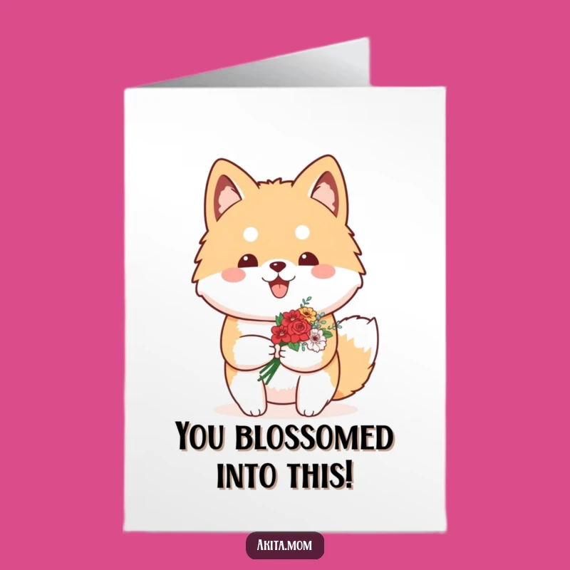 Free Printable Congrats Card: Proud Kawaii Akita Flowers, Downloadable Joyful Gift