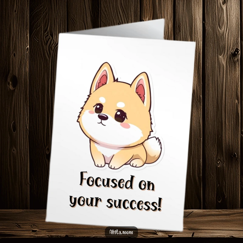 Funny Free Printable Akita Congratulations Card: Kawaii Akita intensely focused, looking towards a distant goal, celebrating success.
