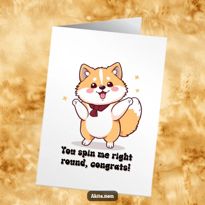 Funny Free Printable Congratulations Card: Kawaii Akita performing a cheerful spin, celebrating success.