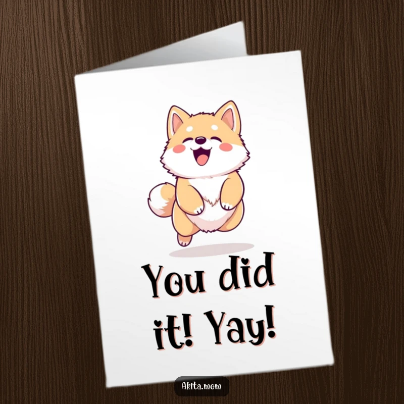 Funny Free Printable Congratulations Card: A kawaii Akita dog joyfully barking and leaping to celebrate success.