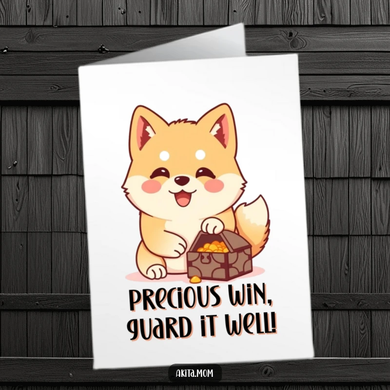 Funny Free Printable Akita Congratulations Card: Happy dog guarding a small, precious treasure, celebrating success.